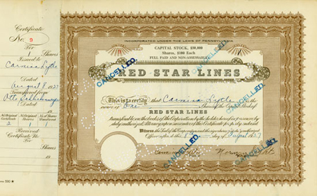 «Red Star Lines, stock certificate»